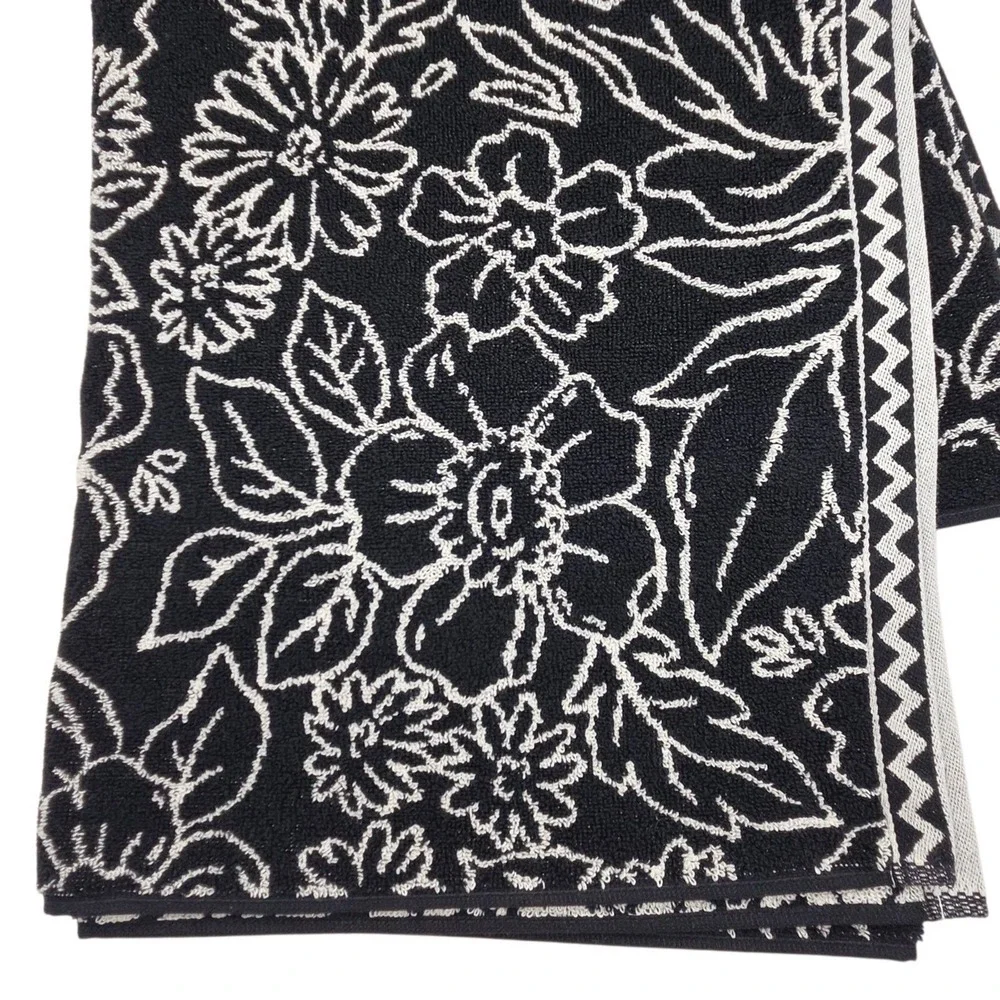 Rachel Zoe Black Ecru Floral Reversible Cotton Towel Set 4pc 2 Bath 2 Hand